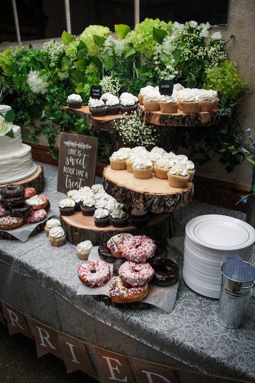 Rustic-style wedding dessert table décor