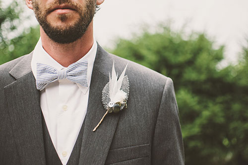 Groom’s 3-piece suit with bow-tie and lovely DIY boutonniere