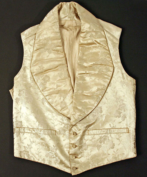 British wedding waistcoat with wide collar and floral print made from silk, 1830s